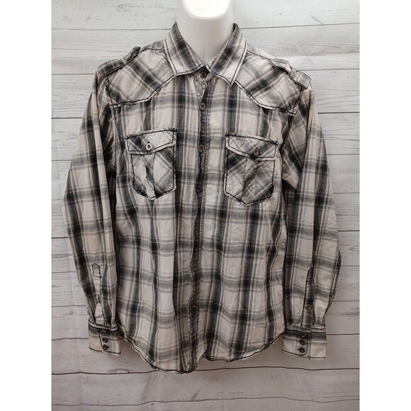 Mens Buckle BKE Shirt Black Label Thick Stitch Cross Embroidery Sz M Gray Plaid - Picture 1 of 11